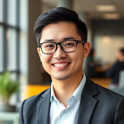 Daniel Kim, Head of Marketing at EduSpark, in a professional setting, looking confident.