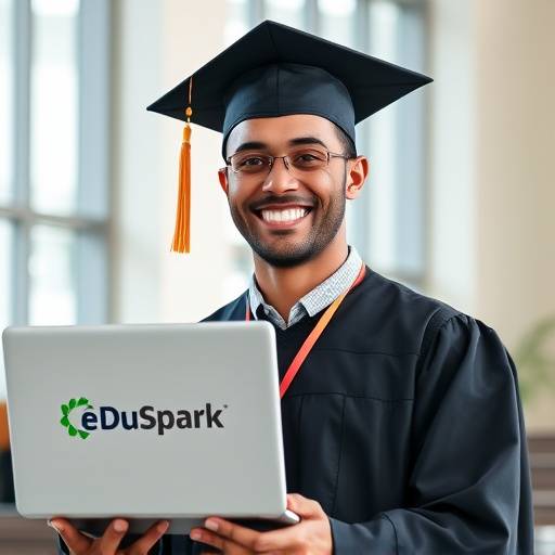 Smiling student celebrating graduation with a laptop displaying the EduSpark logo